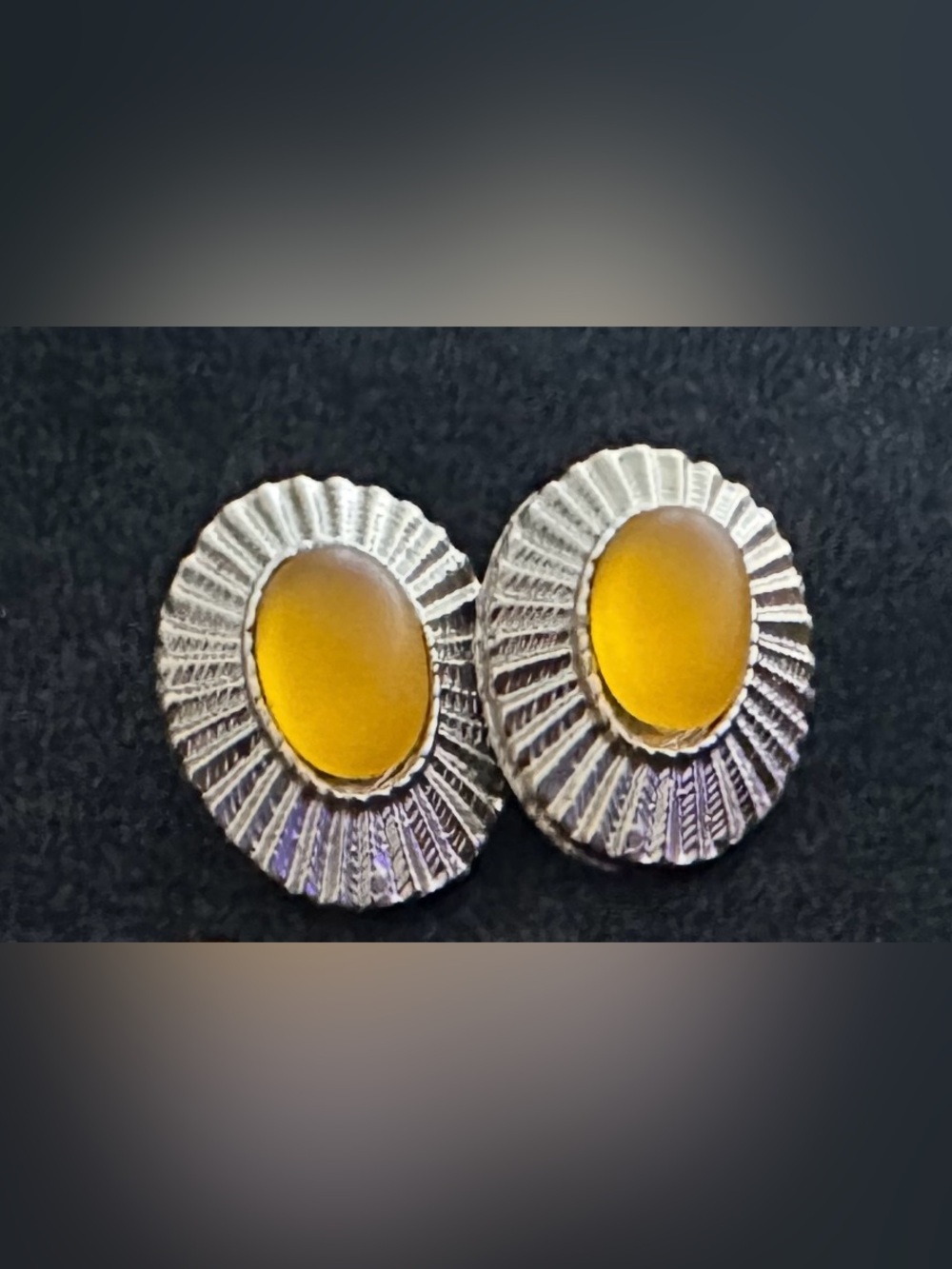 Vintage Silver Tone Scalloped Citrine or Amber Earrings